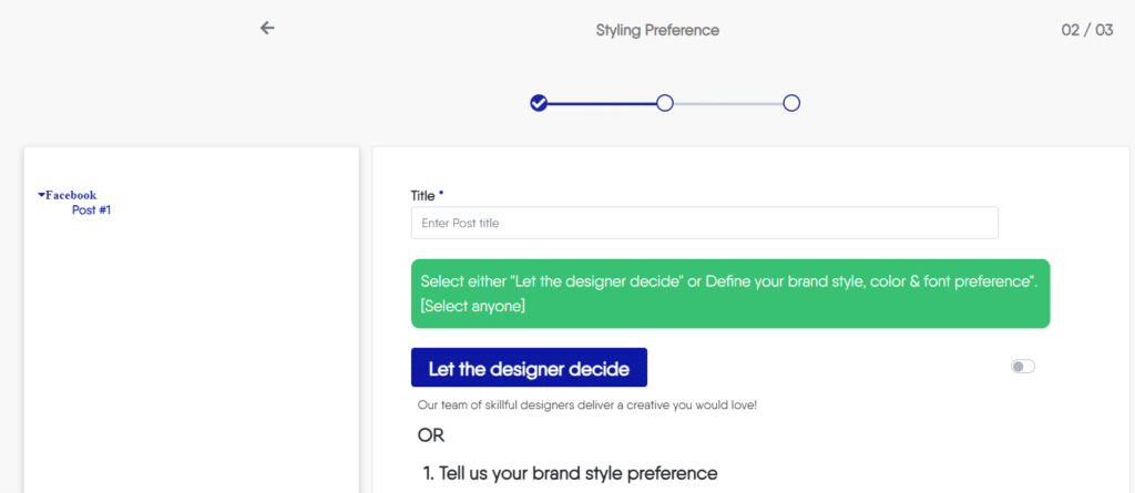 Design brief form to select brand preferences or to allow freelancing graphic designer to decide on Brandder India