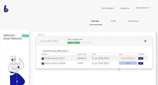 Dashboard page to track the project. Every time a freelancing designer shares a design the update is shown here.